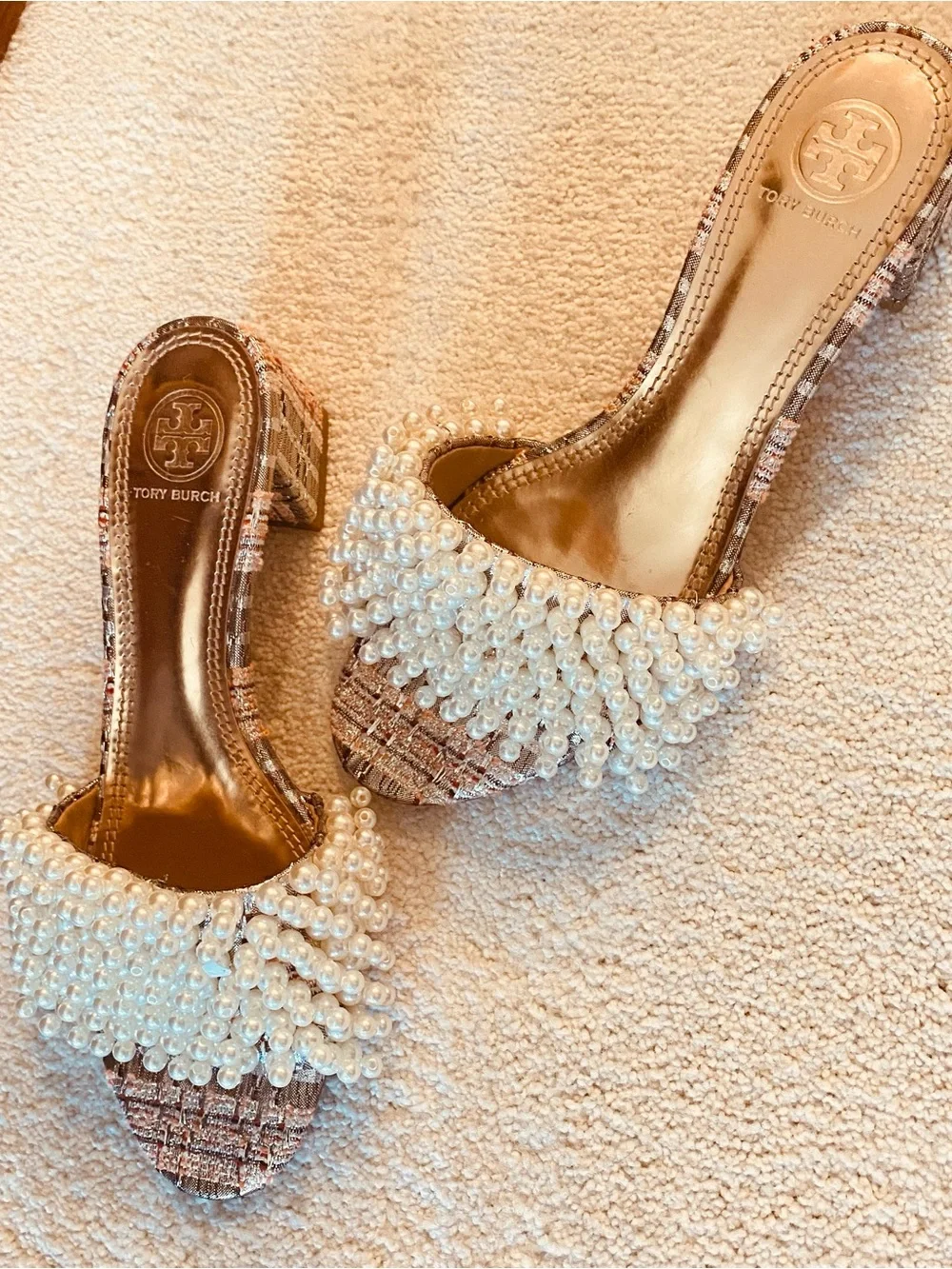 Tory Burch Embellished metallic plaid slide heels